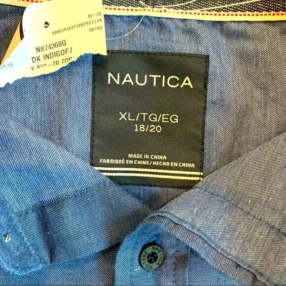 Nautica Button-Down Collared Navy Blue ColorBlock Untuck Shirt Boy’s XL NWT - Picture 10 of 10